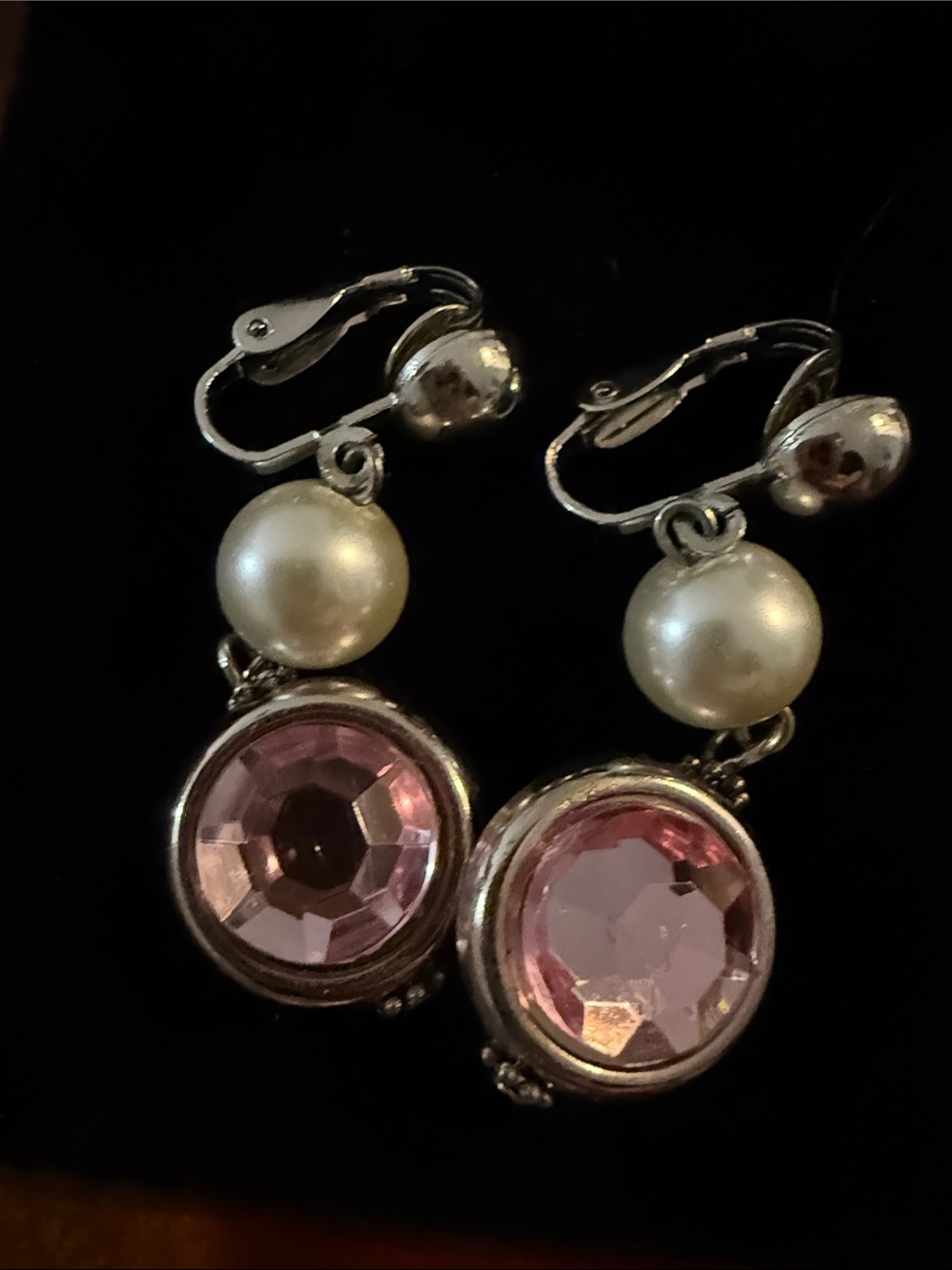 Silver-Tone Pink Crystal & Pearl Drop Clip-On Earrings